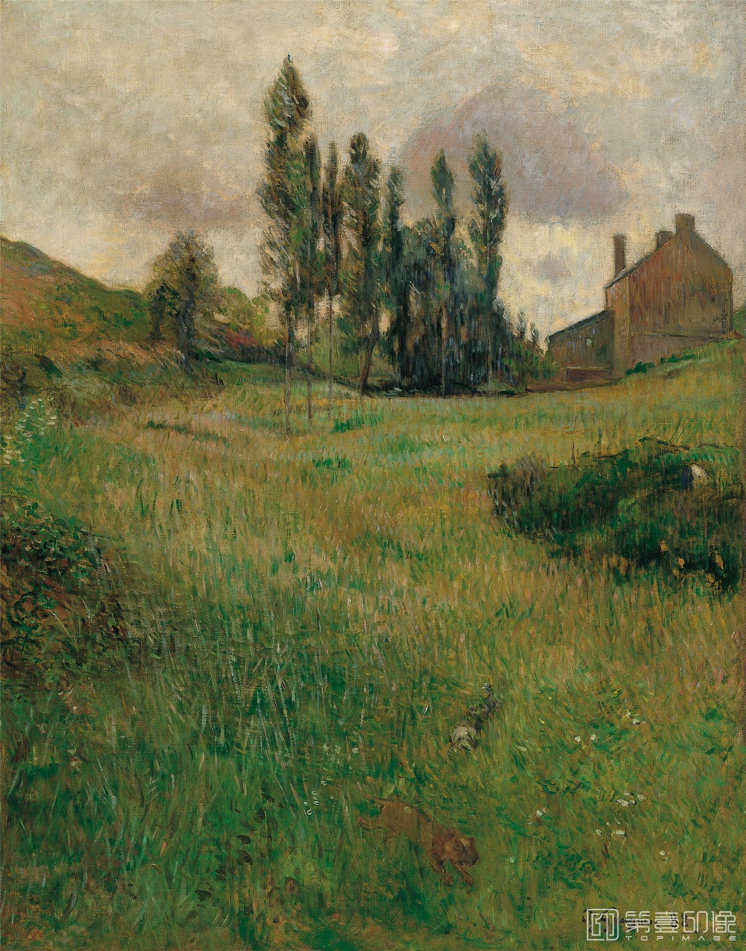 油画-西班牙喀门蒂森美术馆藏画-Paul Gauguin-Chiens course dans un pré-142